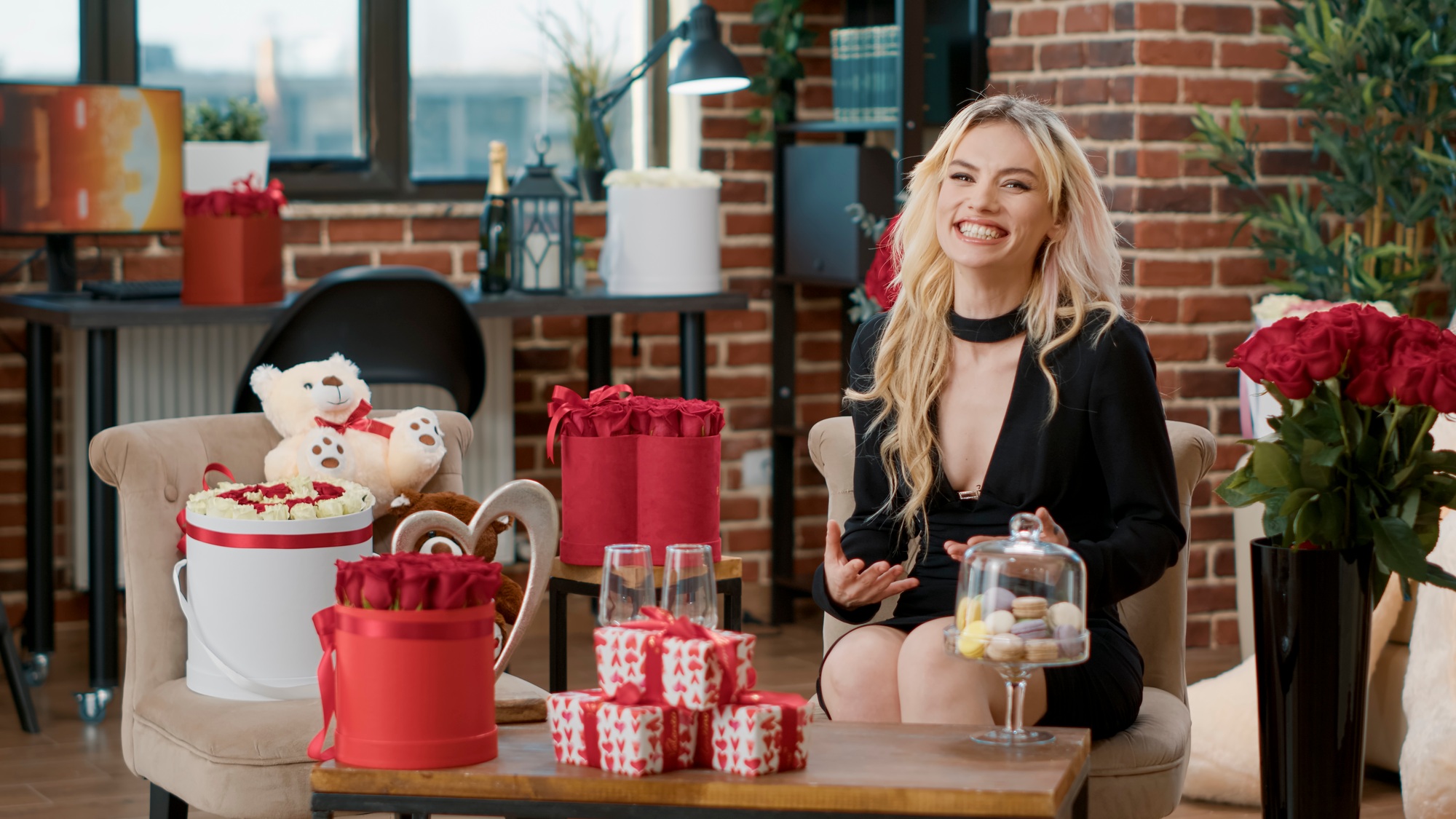 Gorgeous blonde in video call waving hello at loved one on valentine day happy with surprise gifts