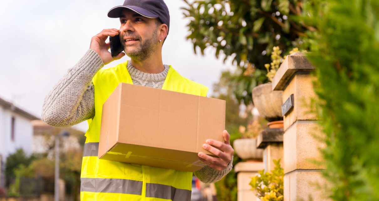Package delivery carrier with a box from an online store, calling the customer