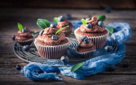 Tasty chocolate muffin with blueberries. Chocolate cupcake with fruit.
