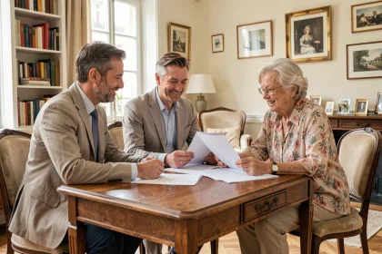 Un couple d'acquéreurs en viager discute d'un contrat avec une propriétaire âgée dans un appartement parisien