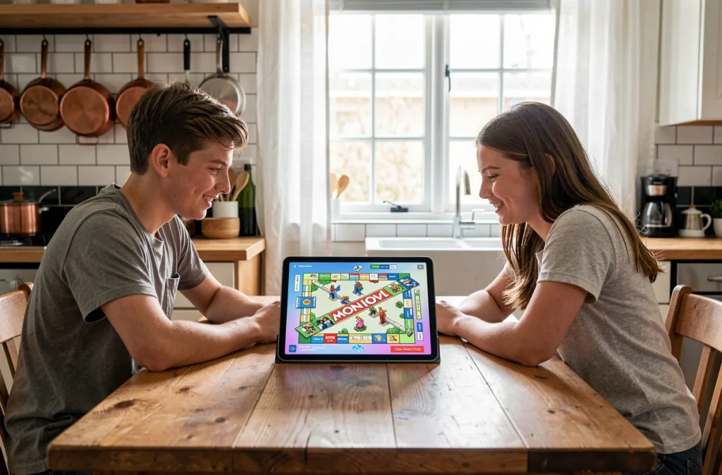 Deux adolescents jouant à Monopoly gratuit sur tablette autour d'une table en bois dans une cuisine