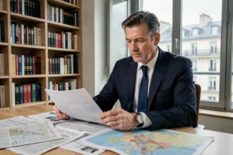 Analyste politique français décryptant des documents gouvernementaux dans un bureau parisien moderne