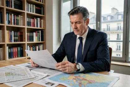 Analyste politique français décryptant des documents gouvernementaux dans un bureau parisien moderne