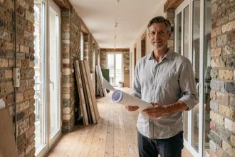 Architecte examinant des plans dans un couloir d'appartement haussmannien en cours de rénovation énergétique