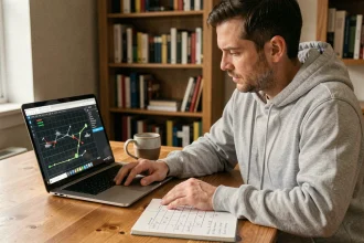 Homme jouant à la bataille navale en ligne sur ordinateur portable avec grille dessinée à la main