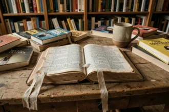 Bible ancienne ouverte sur une table en bois usée, entourée de livres de poche et d'annotations manuscrites, illustrant le livre le plus vendu au monde