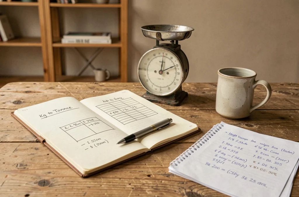 Carnet de conversion kg en tonne avec balance mécanique sur une table en bois rustique