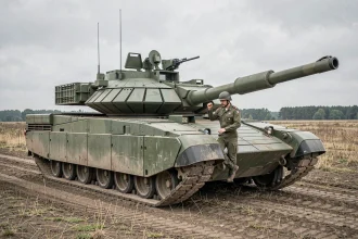 Char Leclerc de l'armée française sur un terrain d'entraînement militaire avec un équipier en combinaison olive inspectant le véhicule