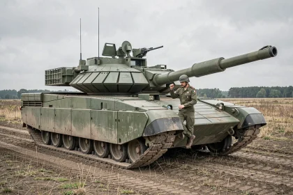 Char Leclerc de l'armée française sur un terrain d'entraînement militaire avec un équipier en combinaison olive inspectant le véhicule