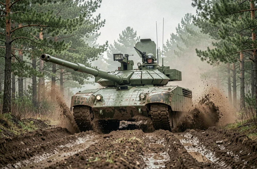 Char Leclerc en mouvement sur une piste boueuse lors d'un exercice militaire en forêt, avec de la boue projetée par les chenilles