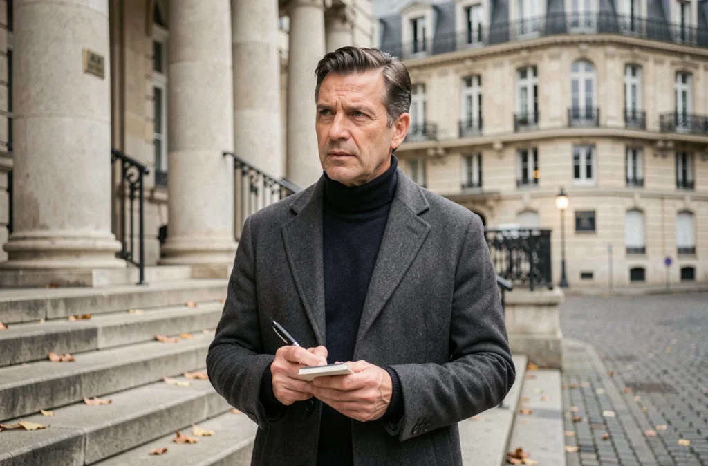 Commentateur politique français réfléchissant devant un bâtiment institutionnel parisien en automne