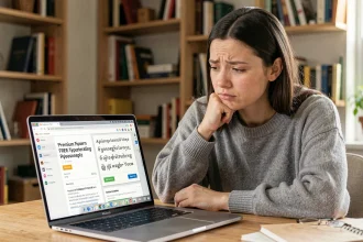 Jeune femme comparant une police de caractères payante et une alternative gratuite sur son ordinateur portable dans un bureau à domicile