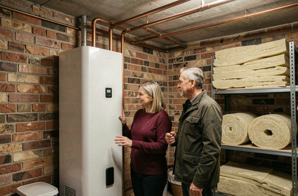 Couple inspectant une pompe à chaleur installée dans la chaufferie rénovée d'un immeuble ancien