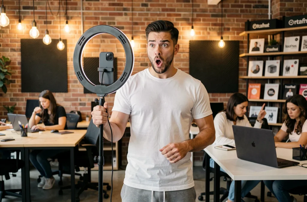 Créateur de contenu masculin filmant une vidéo inspirée d'un mème viral dans un espace de coworking moderne