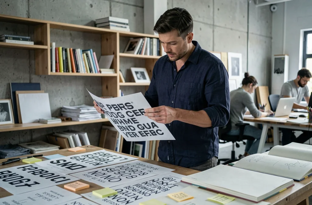Designer graphique examinant des spécimens typographiques imprimés dans un studio créatif moderne