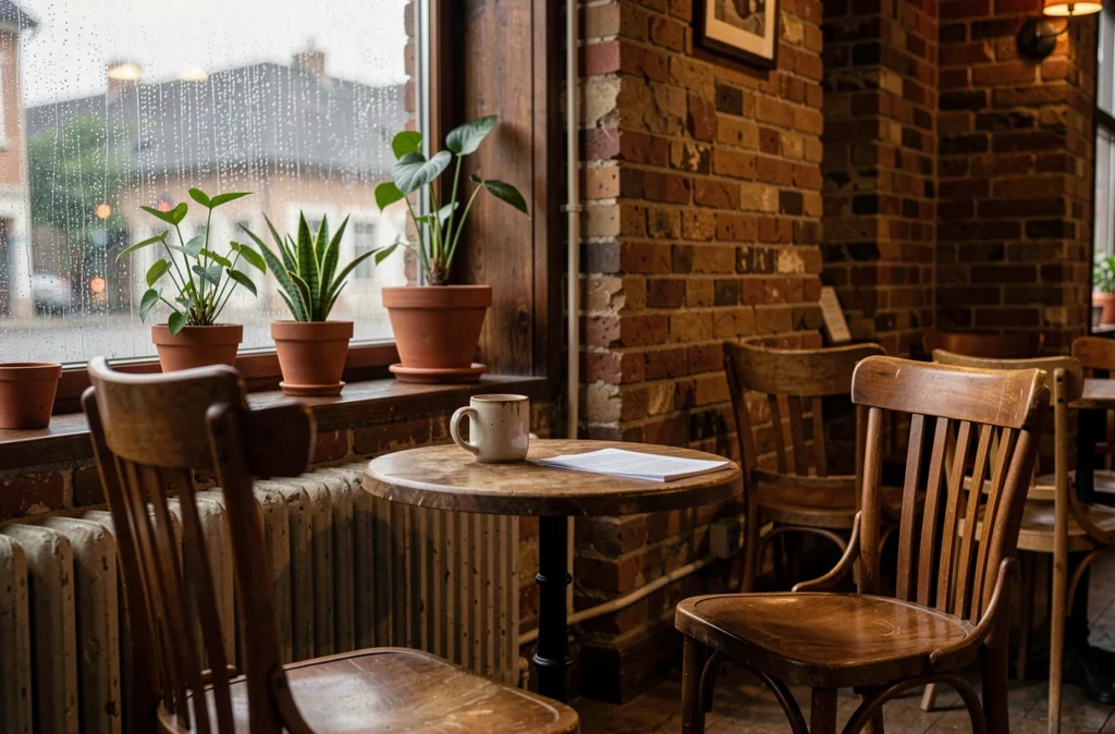 Deux chaises vides face à face dans un café pluvieux symbolisant l'absence et la séparation définitive entre flammes jumelles