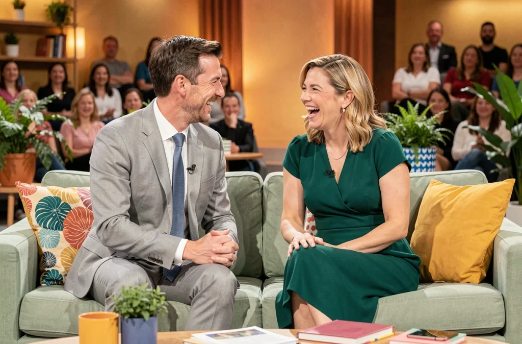 Duo de présentateurs TV français sur un plateau de talk-show matinal, homme et femme en pleine conversation naturelle et souriante