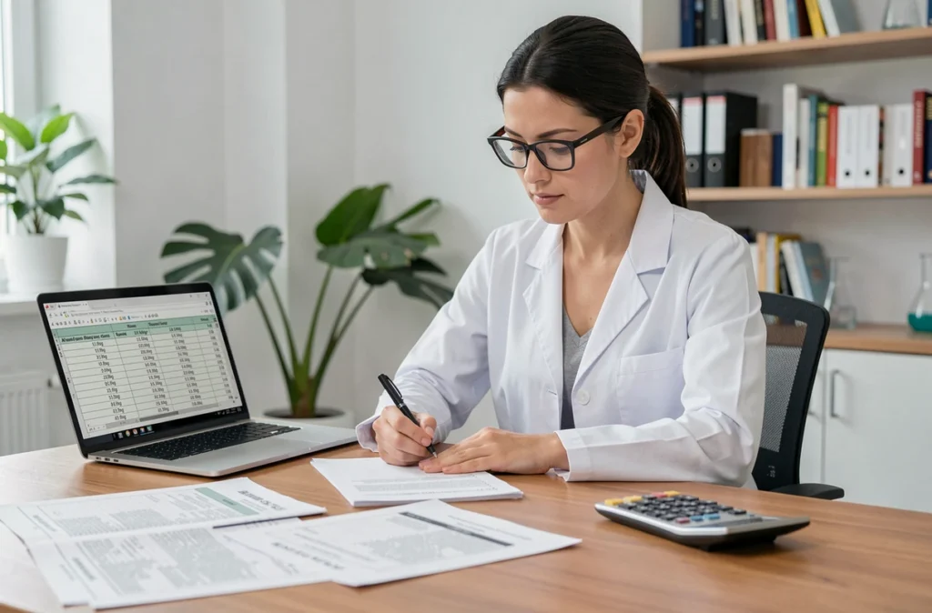 Femme scientifique utilisant un tableau de conversion kilogrammes en tonnes sur un bureau professionnel