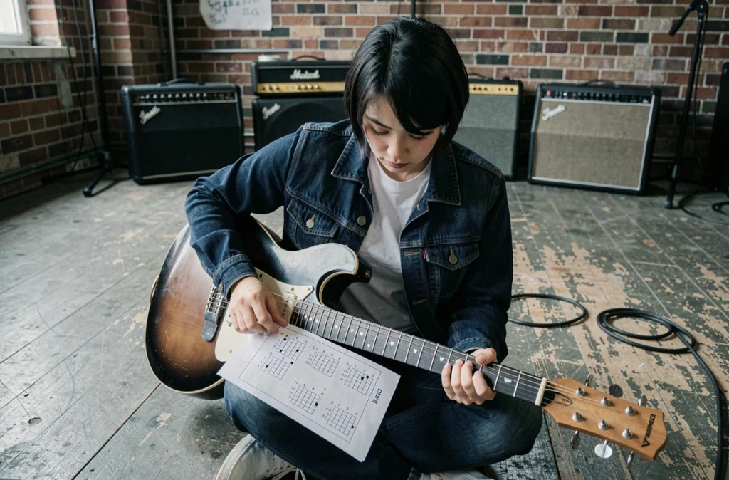 Jeune femme étudiant un diagramme théorique de l'accord D7 de guitare dans un espace de répétition urbain