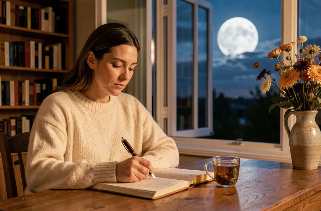Femme écrivant dans un journal intime la nuit devant la pleine lune de novembre, évoquant l'introspection des signes Poissons et Scorpion lors des cycles lunaires