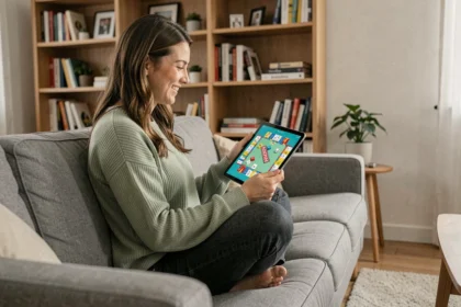 Femme jouant à Monopoly sur tablette confortablement installée dans son salon moderne