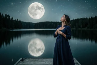 Femme contemplant la pleine lune de novembre reflétée sur un lac calme, symbolisant l'influence lunaire sur le signe des Poissons et du Scorpion