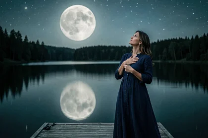 Femme contemplant la pleine lune de novembre reflétée sur un lac calme, symbolisant l'influence lunaire sur le signe des Poissons et du Scorpion