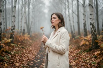 Femme contemplative seule dans une forêt brumeuse tenant une fleur séchée, symbolisant la séparation de la flamme jumelle