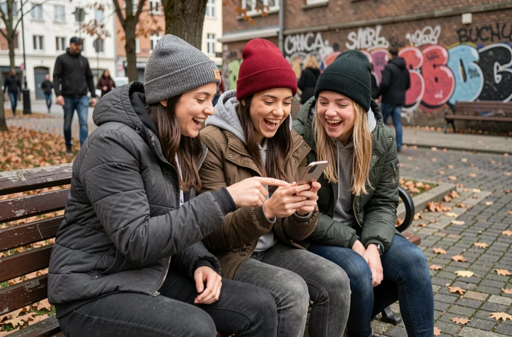 Groupe de jeunes adultes réagissant ensemble à un contenu viral sur smartphone dans un parc urbain en automne