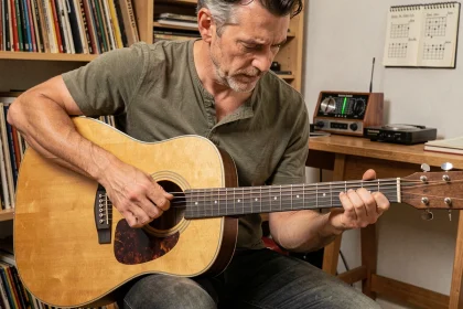 Guitariste jouant un accord D7 sur une guitare acoustique dans un studio à domicile avec partitions et diagrammes d'accords