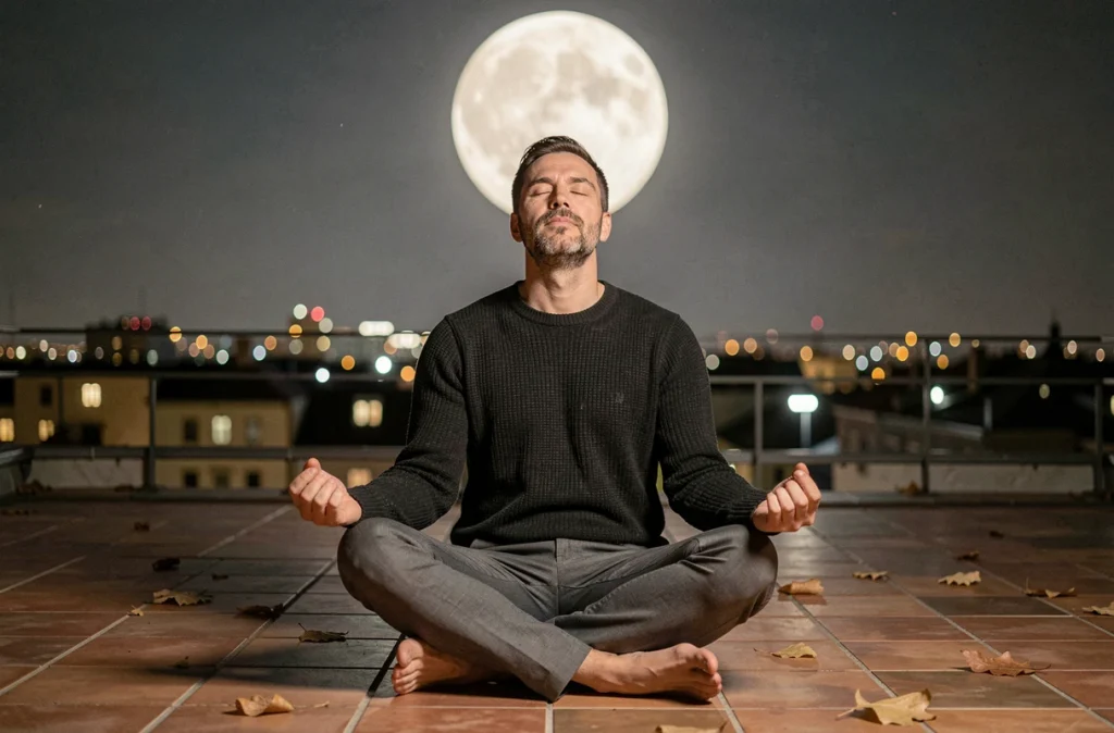 Homme en méditation sur un toit urbain sous la pleine lune de novembre, illustrant l'effet lunaire intense ressenti par les signes Scorpion et Poissons
