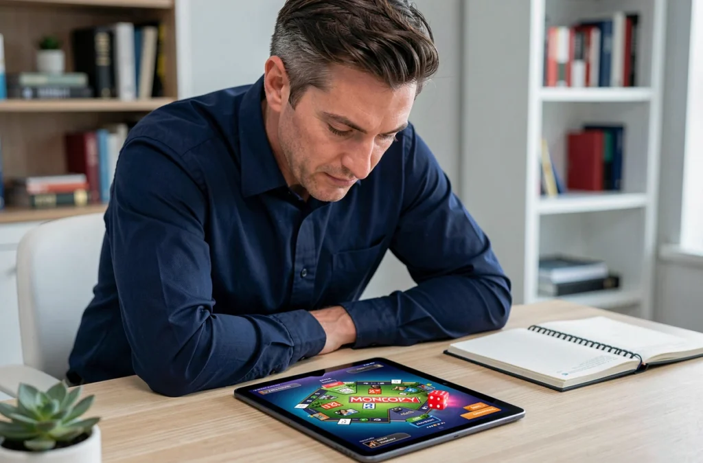 Homme d'âge moyen concentré sur une partie de Monopoly gratuit sur tablette dans un bureau à domicile