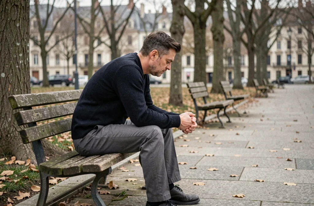 Homme assis seul sur un banc de parc urbain en automne, symbolisant la solitude après une séparation de flamme jumelle