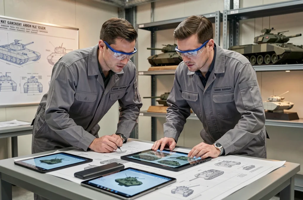 Ingénieurs militaires français étudiant des plans de char de nouvelle génération dans un bureau technique de recherche en défense