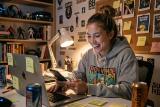 Jeune femme riant devant son écran d'ordinateur entourée de mèmes imprimés et de références à la culture internet dans sa chambre