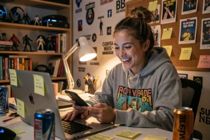 Jeune femme riant devant son écran d'ordinateur entourée de mèmes imprimés et de références à la culture internet dans sa chambre