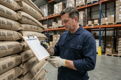 Ouvrier logistique consultant un tableau de conversion kg en tonne dans un entrepôt industriel