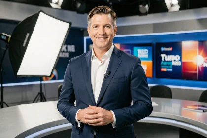 Présentateur télévision français en costume bleu marine dans un studio TV moderne, souriant face caméra avec micro sans fil