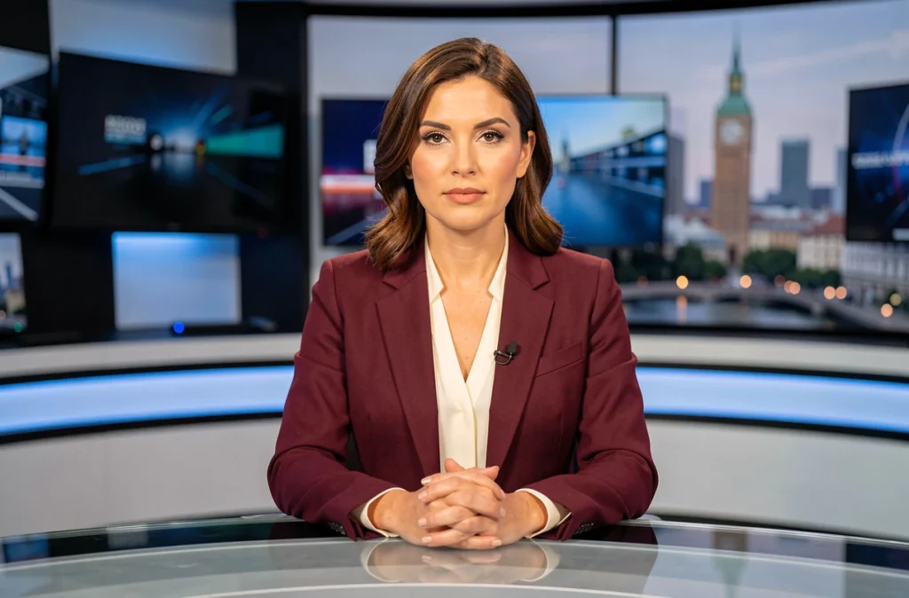 Journaliste présentatrice TV française en blazer bordeaux derrière un bureau de plateau d'information télévisée