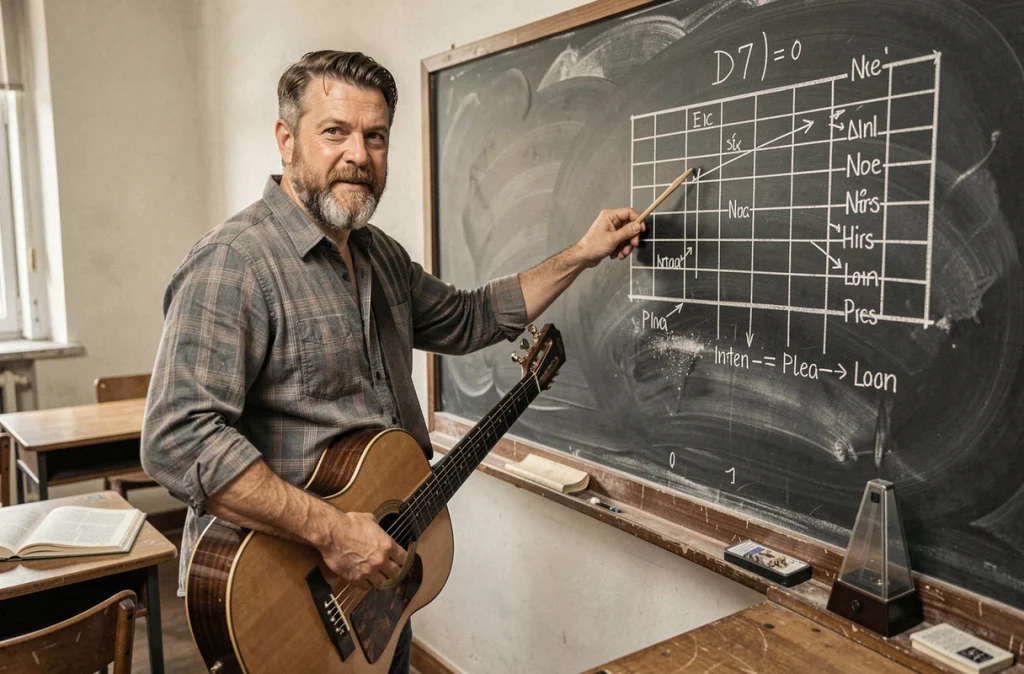 Professeur de musique expliquant la théorie de l'accord D7 devant un tableau avec un diagramme de guitare dessiné à la craie