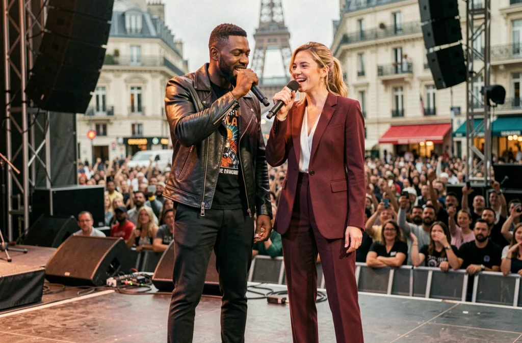 Rappeur américain et chanteuse française en performance live sur scène à Paris lors d'une collaboration musicale