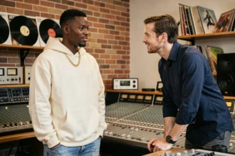 Rappeur américain et producteur français en session d'enregistrement collaborative dans un studio parisien