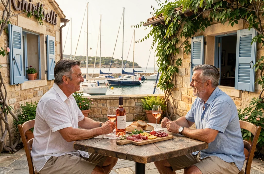 Terrasse de l'Auberge du Port Maison Ghiribelli à Bandol avec vue sur le port et verre de rosé