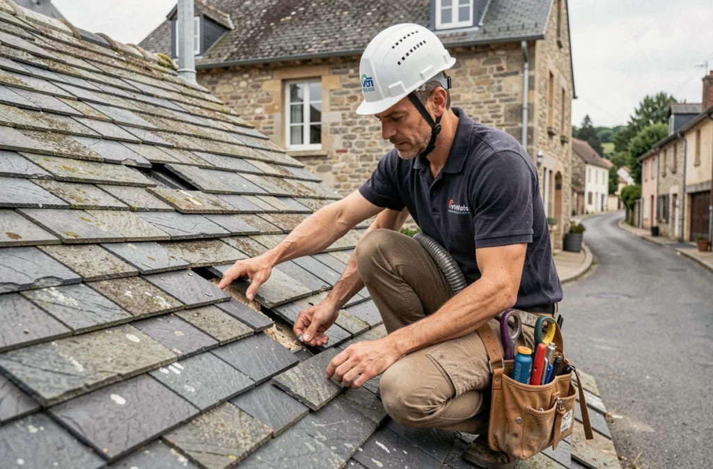 Couvreur de proximité BT PF inspectant une toiture en ardoise sur une maison résidentielle à Sainte-Croix-en-Jarez dans la Loire