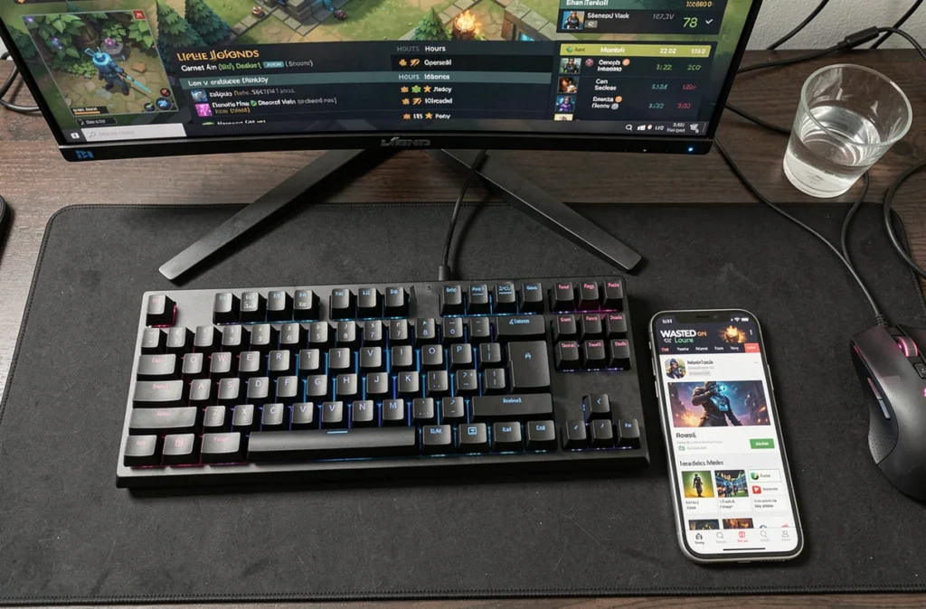 Bureau gaming avec écran League of Legends et smartphone affichant le temps de jeu total
