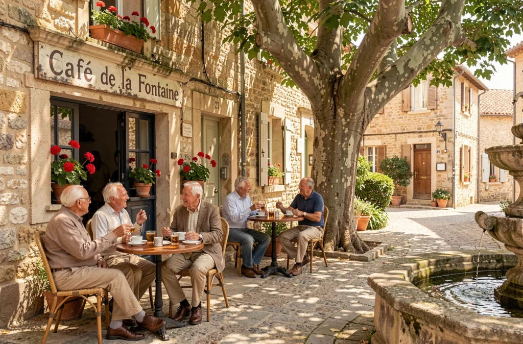 Café de la Fontaine à Lourmarin, institution de village avec terrasse ombragée et clientèle locale