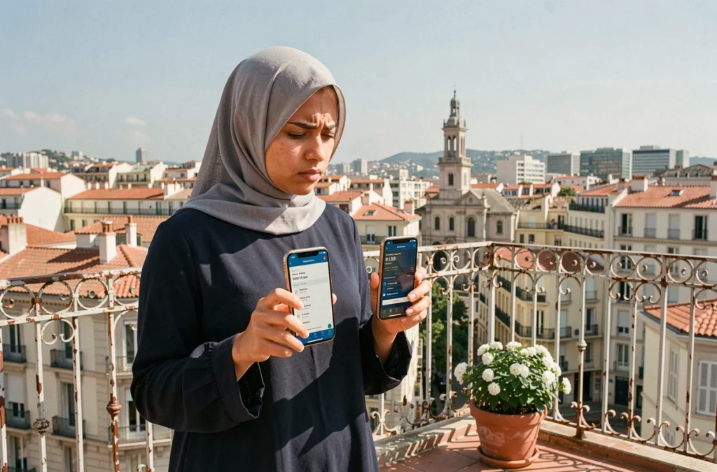 Jeune femme en hijab comparant deux smartphones affichant des horaires de prière différents sur une terrasse avec vue sur Marseille et Notre-Dame de la Garde