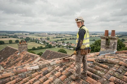 Couvreur professionnel debout sur un toit en tuiles dans la Loire, avec les collines et villages du Val de Loire en arrière-plan