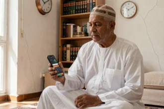 Homme marseillais consultant une application d'heure de prière sur smartphone dans un appartement traditionnel, horloge analogique visible en arrière-plan