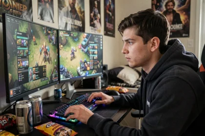 Joueur de League of Legends concentré devant son écran affichant le temps passé sur le jeu